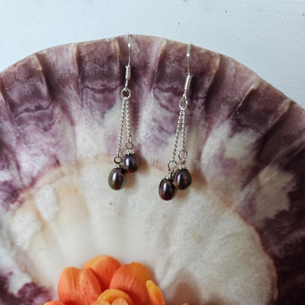 Sterling Silver 7-8mm Dark brown Freshwater Pearl Dangle Earrings